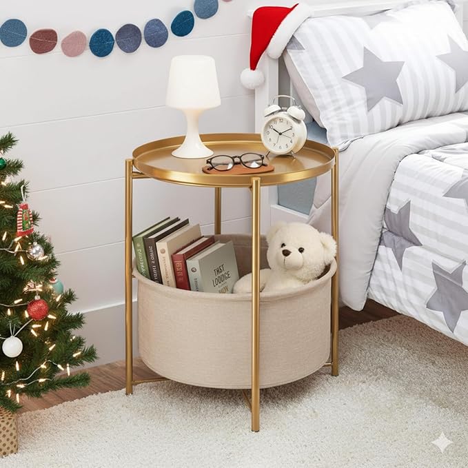 danpinera Round Side Table with Fabric Storage Basket, Pack of 2, Metal Side Table Small Bedside Table Nightstand with Removable Tray Top for Living Room, Bedroom, Nursery, Laundry, Gold