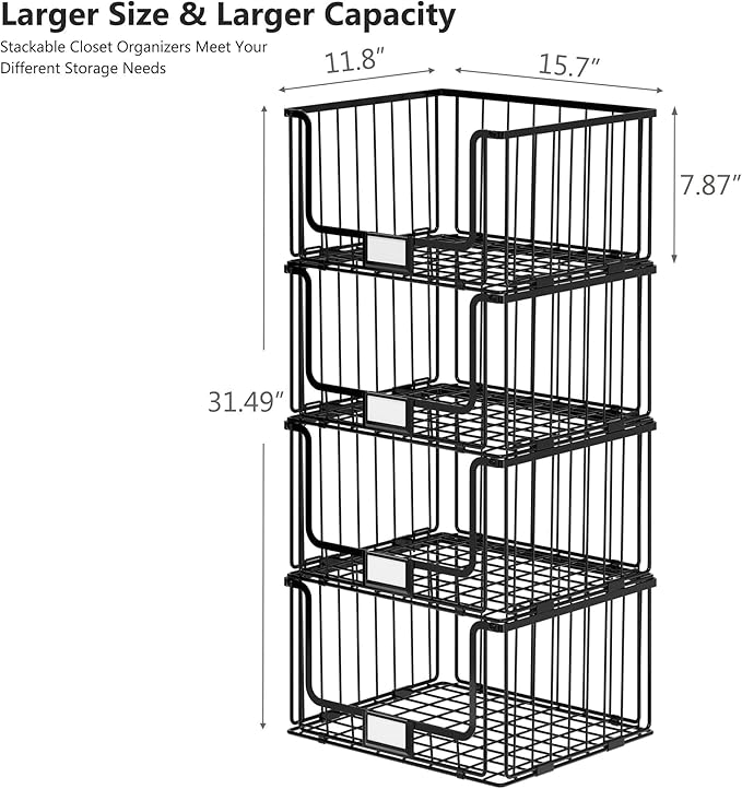 4-Tier Stackable Closet Organizers and Storage, Clothes Shelf Organizer, Foldable Wire Basket Bins, Sweater Storage for Closet and Pantry,11.8" D x 15.7" W, Black
