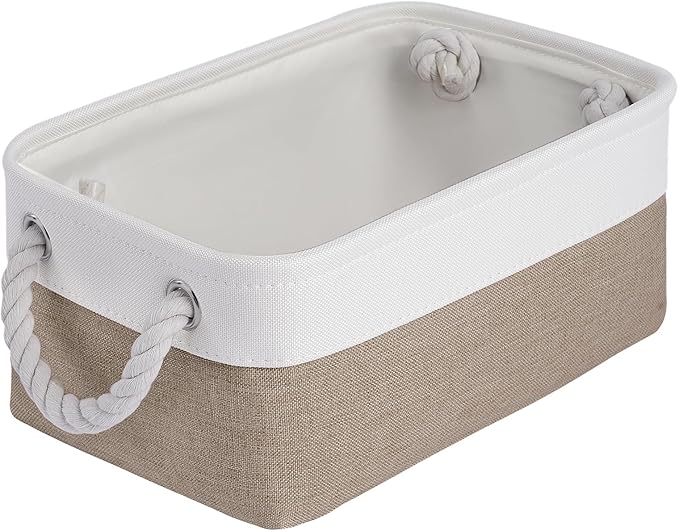 Storage Baskets for Shelves 11.8x7.9x5.2 Inch, Foldable Fabric Storage Bins with Handles, Small Storage Baskets for Organizing Closet, Office, Home Organization (1-Pack, White&Khaki)