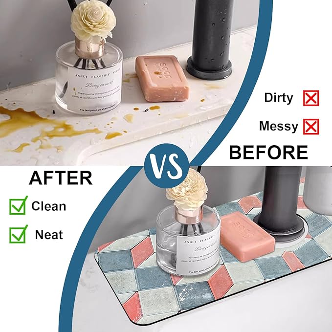 Red Gray Tile Sink Splash Guard Faucet Mat Red White Diamond Super Absorbent Fast Drying Mat Sink Gadgets-Splash Guard Behind Faucet Drip Catcher for Kitchen Bathroom, 15.5"x5.5"