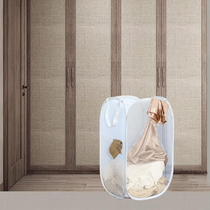 Pop Up Laundry Hamper, Reinforced Mesh Laundry Basket with Handles, Collapsible Clother Hamper with Side Pocket for Home, College Dorm, Travel - White Vertical Storage Basket