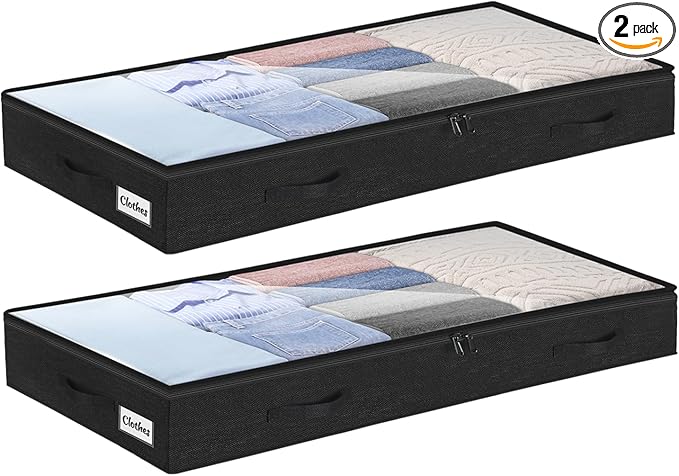 4 Inch Low Profile Under Bed Storage Drawer 2 Pack, Lightweight Underbed Clothes Storage Container Bins with NO STURCTURE, Shallow Storage Bag for Dorm & Home, With Clear Lids & Water-Resistant Fabric