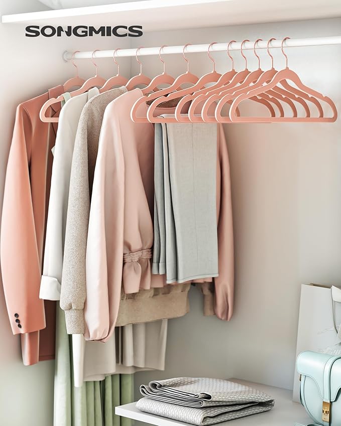 SONGMICS Slim Velvet Hangers, Non-Slip Clothes Hangers with Rose Gold Swivel Hooks, Space-Saving, for Closet, 100 Pack, Pink UCRF026R100