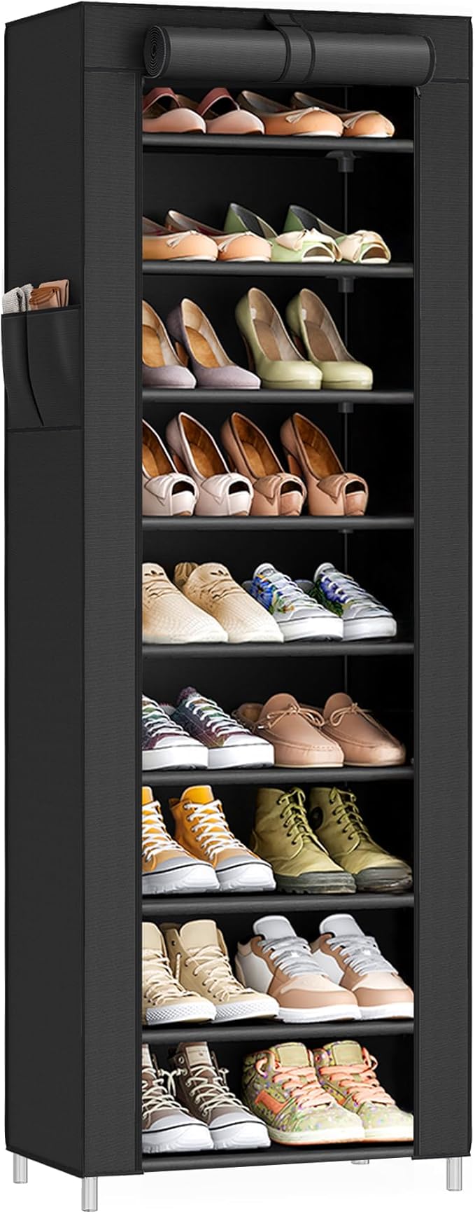 SONGMICS 10-Tier Shoe Rack, Shoe Storage Cabinet with Dustproof Cover, Free-Standing Storage Organizer for Closet, Entryway, Hold 20 Pairs of Shoes, for Sneakers, High Heels, Black URXJ034BH01