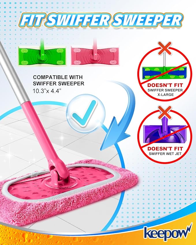 KEEPOW 4 Pack Reusable Mop Pads Compatible with Swiffer Sweeper, Microfiber Washable Swiffer Mop Pads, Dry & Wet Sweeping Mopping Cloths (Pink)