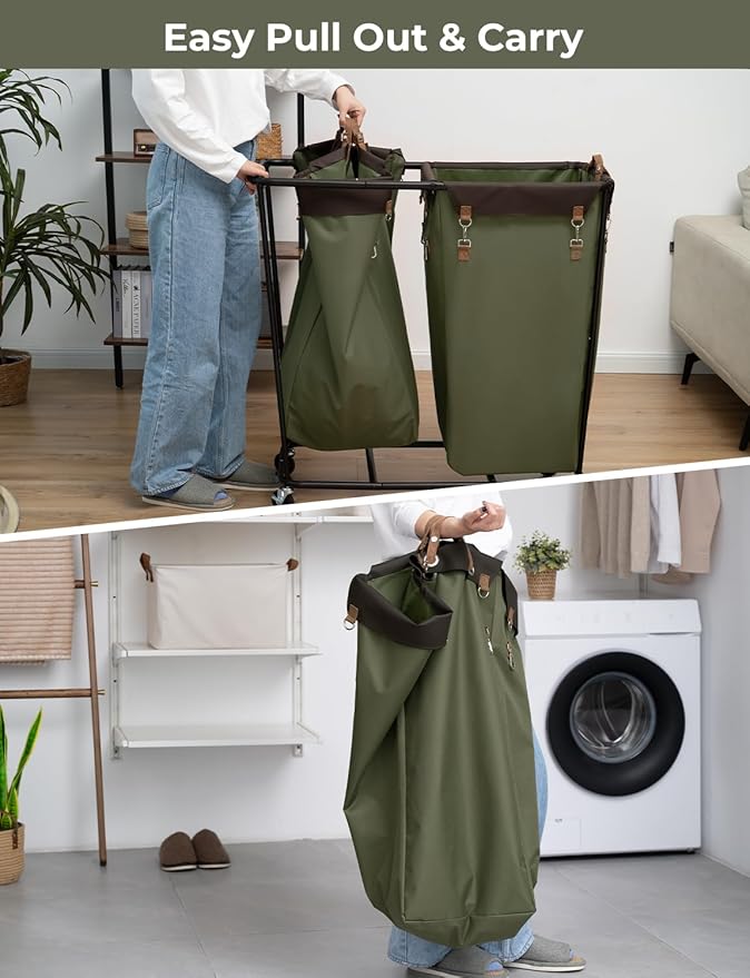 StorageWorks 390L Extra Large Laundry Hamper with Wheels, 2 Sections Laundry Basket with Wheels, Clothes Sorter Cart with Divider for Hotel, Home, Green, 37.75"L x 17"W x 37.5"H
