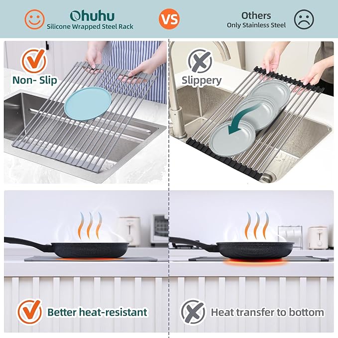 Ohuhu Roll Up Dish Drying Rack, Over The Sink Multipurpose Roll-Up Dish Racks, 16.5" W x 13" L Rolling Heat-Resistant Anti-Slip Silicone Coated Dish Drainer Portable Foldable for Kitchen Counter