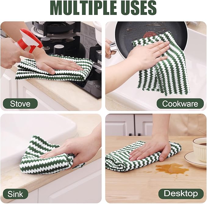 Homaxy Kitchen Towels(12 Pack, 10 x 20 inches), Ultra Soft and Absorbent Dish Towels, Reusable Fast Drying Microfiber Cleaning Cloth, Coral Velvet Wave Design No-lint, Grass Green