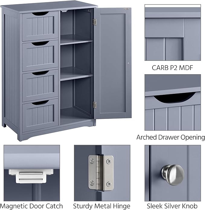 Yaheetech Large Bathroom Floor Cabinet with 4 Dawers and Single Door Cabinet, Freestanding Storage Cabinet for Living Room Kitchen Hallway, Gray
