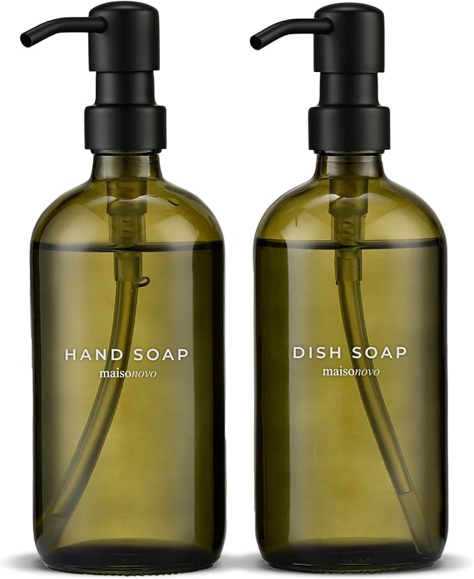 MaisoNovo Soap Dispenser 2-Piece Set | 16.9oz Green Bottles with Black Plastic Pumps