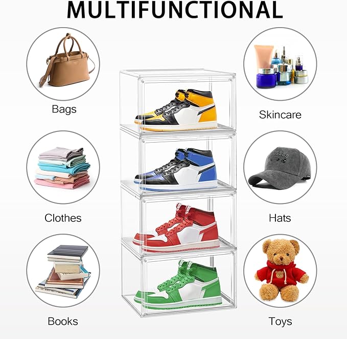 2 Pack Clear Shoe Storage Boxes Stackable Acrylic Shoe Display Case, Large Plastic Shoe Box Sneaker Organizer Purse Organizer with Magnetic Door, Size 12 or 13