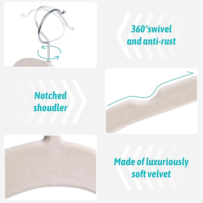 Sishynio Premium Velvet Shirt Hangers 50 Pack, Non-Slip 360° Swivel Hook Slim Flocked Coat Hanger, Space Saving Felt Hanger for for Tank Top, Blouses, Strappy Dresses(Beige)