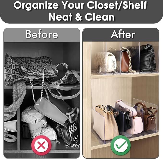 Purse Organizer for Closet, Clear Acrylic Clutch Bag Organizer, Adjustable Shelf Divider for Closet Organizers and Storage, Detachable Handbag Separators Dividers Rack for Bedroom Bathroom Office