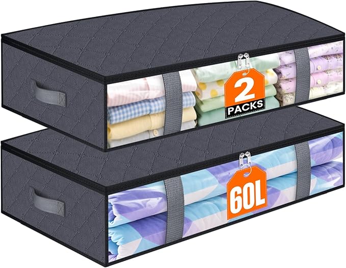 Under Bed Storage Containers, 2 Pack Blanket Storage Bags, Collapsible Storage Bags with Big Zippers, Clear Front, Shoe Storage and Organization for Clothes, Comforter, 60L, Grey