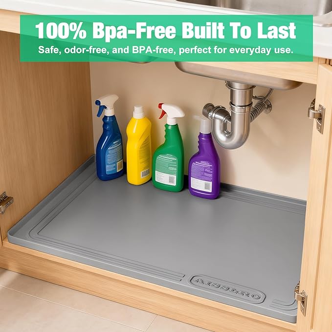 Aisslro Under Sink Mat 31" X 22", Waterproof Silicone Under Sink Mats for Kitchen, Anti-Leak Shelf Liner & Cabinet Protector with Raised Edge, [BPA Free] Bathroom Tray Home Organizer, Gray