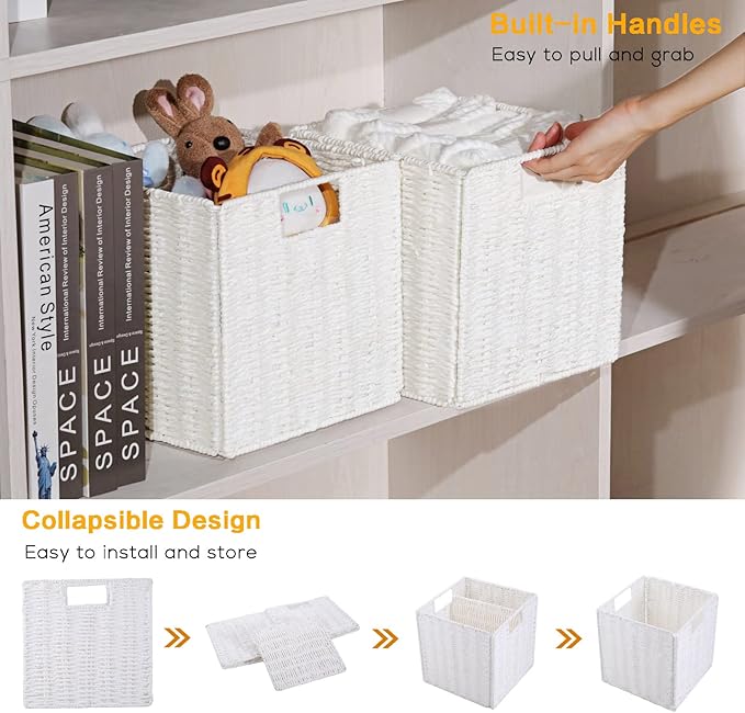 Vagusicc Wicker Storage Basket, Set of 2 Hand-Woven Storage Baskets for Organizing, Foldable Cube Storage Bins, 11 Inch Wicker Storage Baskets for Shelves and Decor, Square Closet Organizer, White