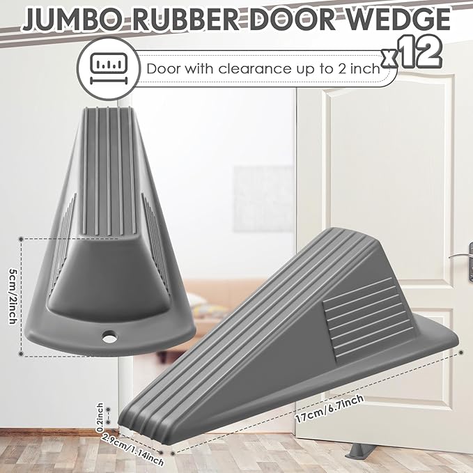 Frienda 12 Pcs Jumbo Door Stoppers Heavy Duty Door Stopper Tall up to 2inch Tall Wedge TPR Large Wedge Stackable Big Rubber Doorstop for Hotel Carpet Hardwood Concrete and Tile (Gray)