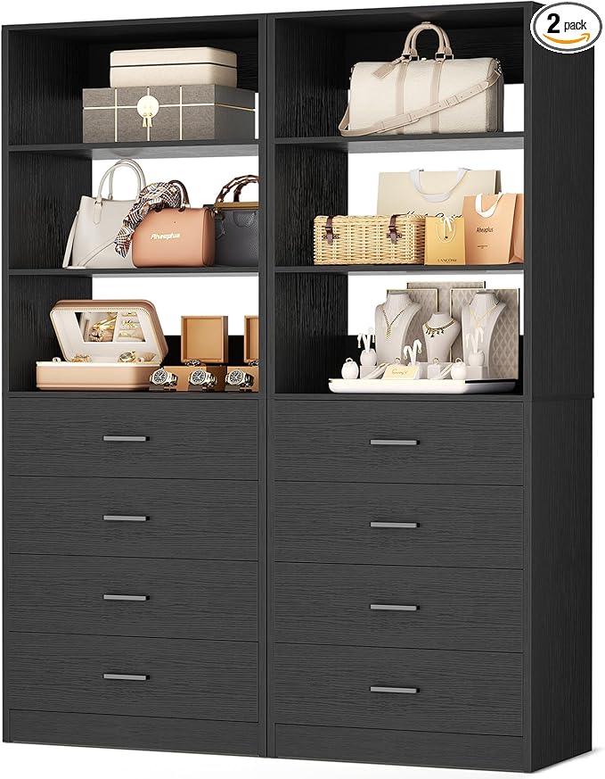 Aheaplus Closet Drawers Organizer System, 3.54FT Wood Closet System with 4 Drawers, Modular Walk-in Closets Storage Unit, Tall Bookshelf Storage Cabinet, Black (2 Packs)