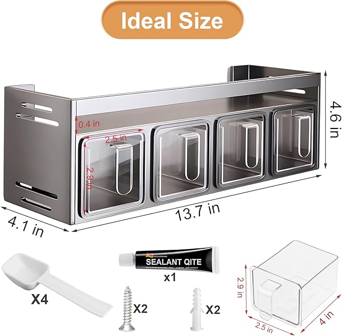 Kitchen Spice Rack, Kitchen Organizer and Storage Rack with 4 Spoons, Spice Organization for Cabinets Punch-free Wall/Countertop Home Decor Multifunctional Double Layer 4 Grid Condiment Rack, Gray