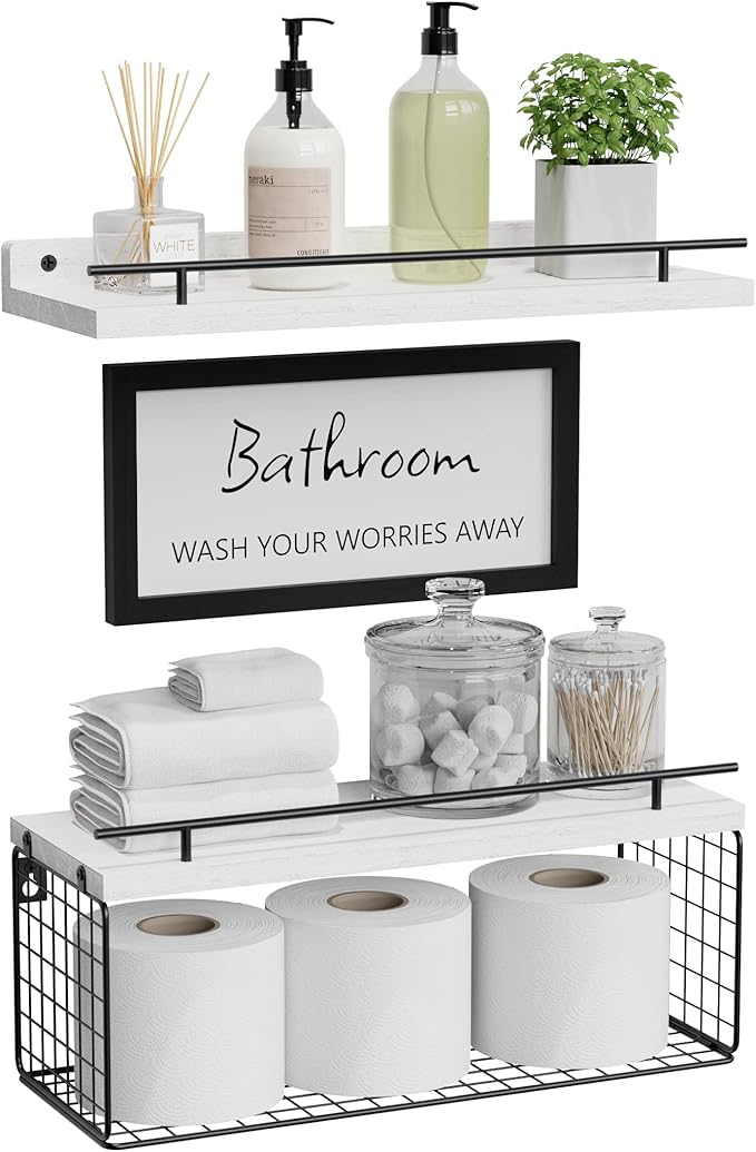 WOPITUES Floating Shelves for Wall Decor Sign, Bathroom Organizer and Storage, Bathroom Shelves Over Toilet with Metal Guardrail-Modern White