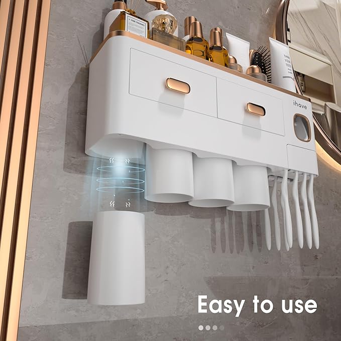 iHave Toothbrush Holders Wall Mounted with Toothpaste Dispenser & 4 Cups - Premium White and Gold Design for Bathroom Decor, All-in-One Bathroom Organizers & Storage for Toothbrushes and Accessories