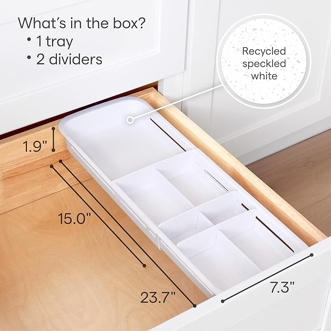 YouCopia DrawerFit Sliding Drawer Tray with Adjustable Dividers, Expandable Kitchen Storage Organizer, Speckled White