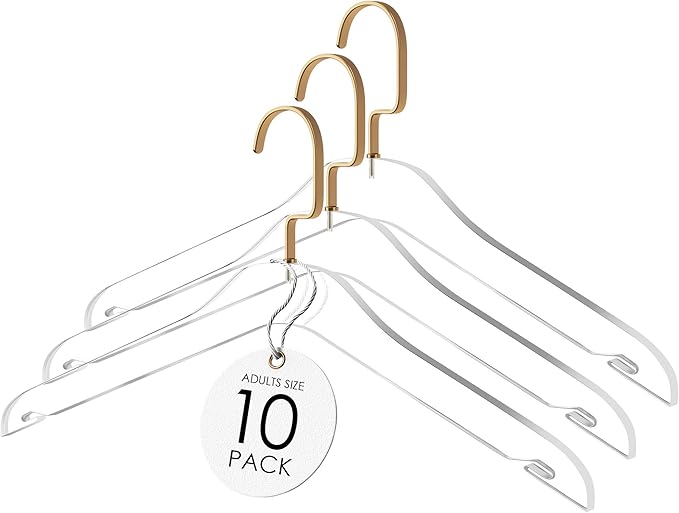Acrylic Hanger | Sleek, Modern Clothes Hanger with Gold Hook | High End Closest Organizer Space Saving Hangers for Shirts, Jackets, Sweaters, Tops & More | 10 Pack