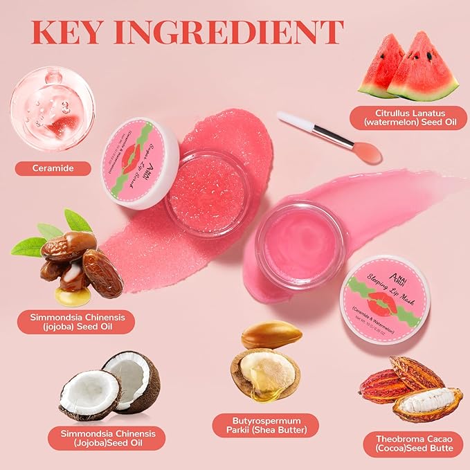 Hydrating Lip Mask Set, Lip Scrub & Lip Butter, Overnight Lip Treatment Set Enriched With Ceramide, Watermelon and Shea Butter, For A Softer & Smoother Lips, Overnight Lip Mask Gifts