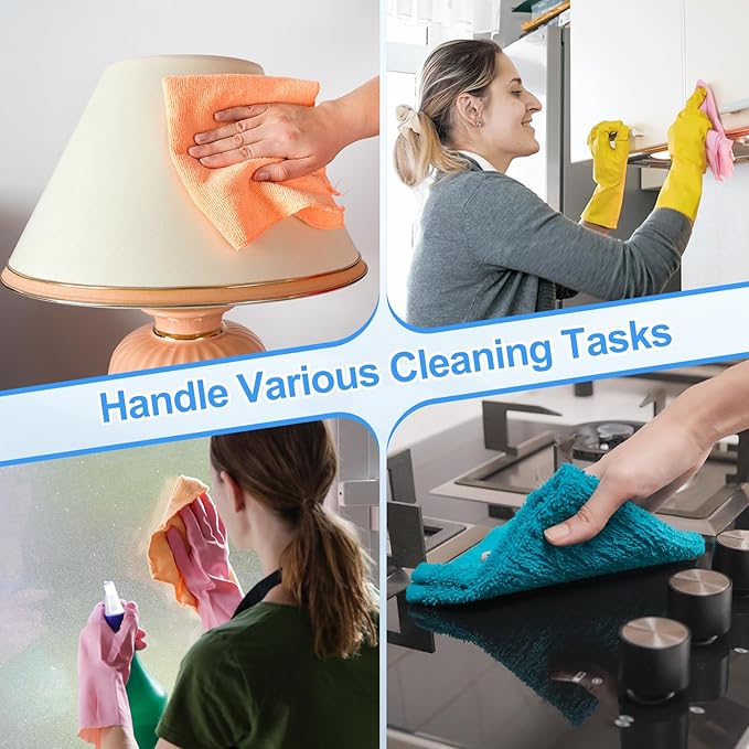HARFINGTON 4 Pack Microfiber Cleaning Cloth, 16" x 12" Multi-Functional Cleaning Towels Reusable Absorbent Rags with Hook for Car Wash Kitchen Household Window Clean, Sapphire Blue