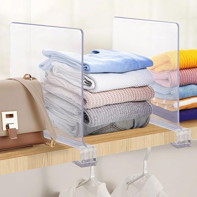 JOY DECOR 6 Pack Acrylic Clear Shelf Dividers for Closets Organizer and Storage Adjustable Vertical Wood Shelf Closet Separators for Clothes,Book,Bags in Bedroom and Kitchen