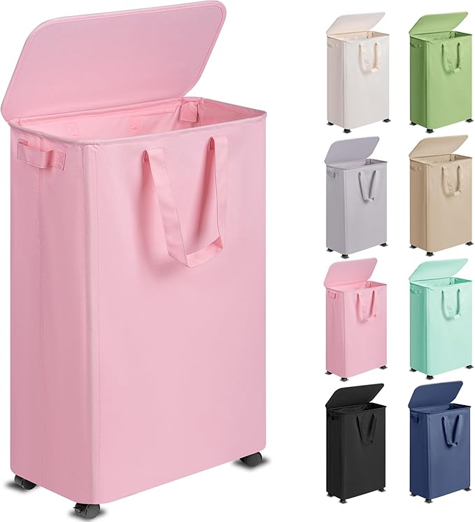 Slim Laundry Hamper with Lid and Wheels, Small Rolling Laundry Basket with Handle for Small Spaces, Tall Dirty Clothes Hampers for Dorm, Bathroom and Bedroom, 75L, Pink