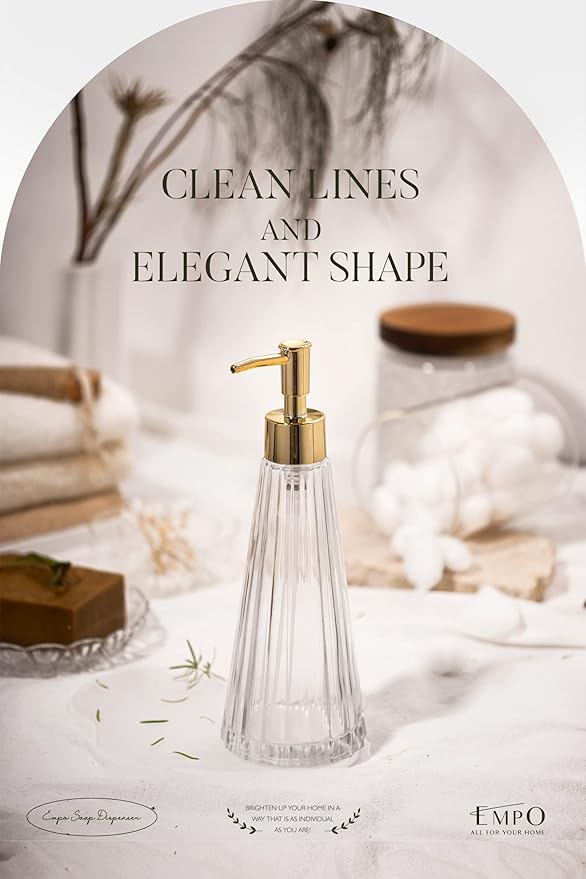 EMPO Vintage Elegant Glass Soap Dispenser, Liquid Soap/Sanitizer/Shampoo Bottle with Pump, Rustic Farmhouse Decor Crystal Hand Soap Dispenser Bathroom Accessories (Clear)