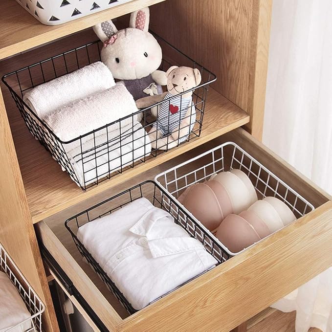 Metal Wire Storage Basket with Handles for Kitchen Food Pantry Papers Home Office Desk Shelf Bathroom Laundry Room Shelf Bedroom Bed Room, 2PCS (Black)