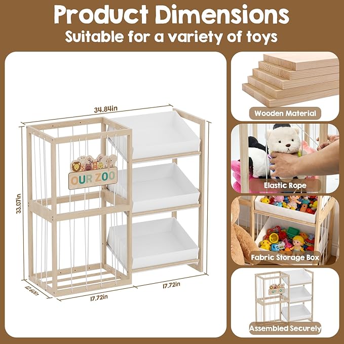 Wooden Toy Storage Organizer with Elastic Bands, Easy to Assemble and Use, Large Capacity Toy Bin Organizer for Nursery Playroom Bedroom, Adorable and Practical Design