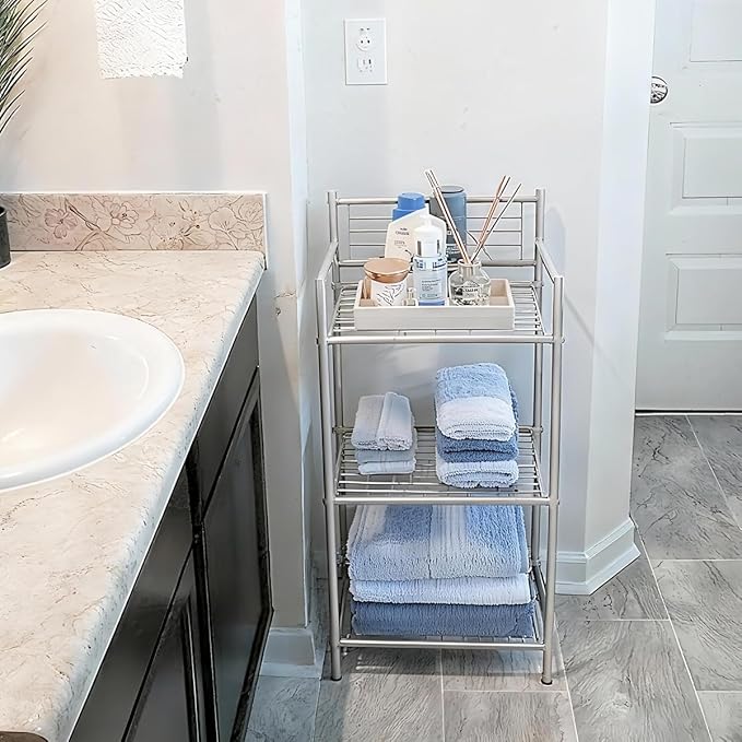 LEEDA 3-Tier Metal Shelving Unit, Sturdy Bathroom Storage Shelf & Free Standing Towel Rack with Adjustable Feet, Open Floor Shelves for Small Space in Bathroom, Kitchen, Office, Silver-Gray