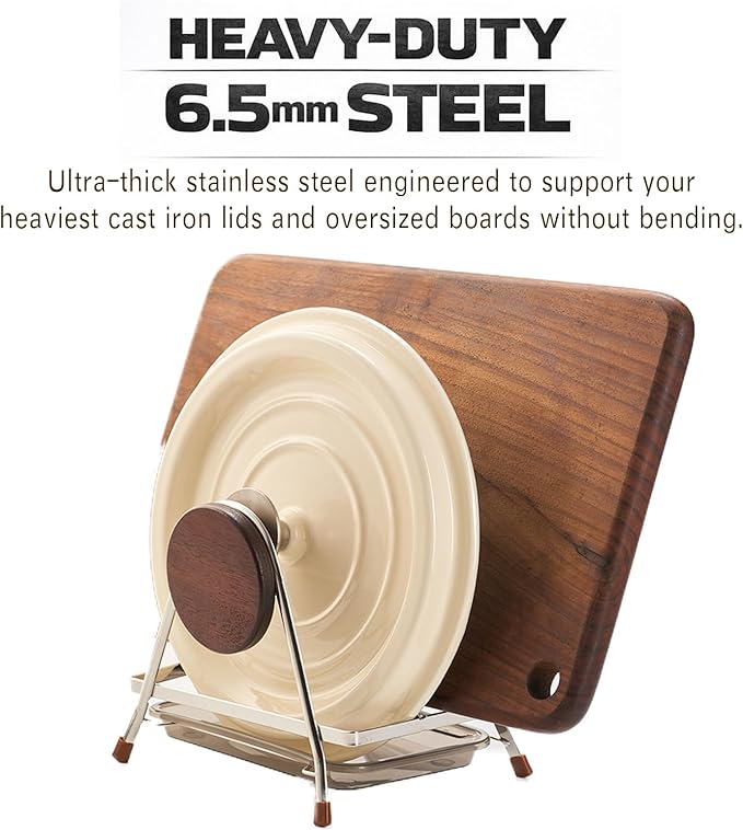 6.5mm Stainless Steel Pot Lid Holder while Cooking, Multifunctional Cutting Board Pan Lid Organizer for Countertop with Beech Wood Accents, Heavy Duty Rack with Nonslip Pads & Removable Drip Tray