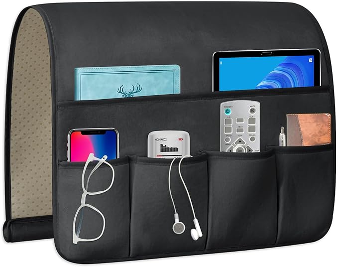 WETRBWEH TV Remote Control Holder Couch Caddy, Non-slip Bedside Caddy Organizer with 5 Pockets for Key Glasses Phone Magazine Holders (Black, 35''x18'')