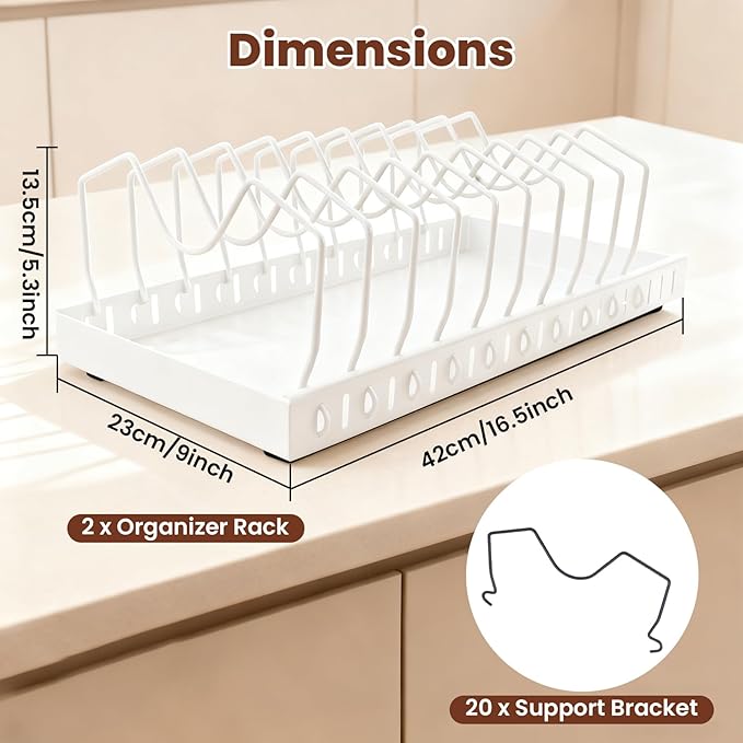 2 Pcs Pots and Pans Organizer Under Cabinet - Expandable Pull Out Cabinet Organizer for Pots and Pans, Pan and Lid Organizers Inside Cabinet, Adjustable Storage Rack (WHITE)