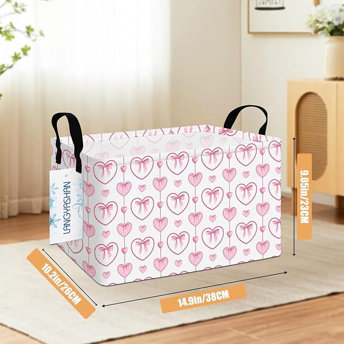 LANGYASHAN Rectangular Storage Bin Collapse Canvas Fabric Cartoon Storage Basket with Handles for Organizing Home Kitchen Boys and Girls Toys Office Closet Shelf Baskets (Rec Pearl Heart)