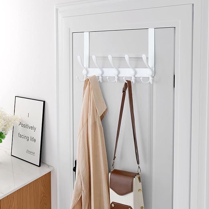 Dseap Over Door Hook 2.0 - Upgraded Version - Simple-Assembly, Strong, Heavy-Duty Stainless Steel 5-Tri-Hook Over The Door Hanger Rack, SimpleStrong Series, White, Pack of 2