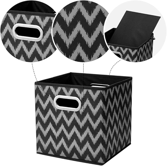 Collapsible Cube Storage Bins Chevron Cloth Storage Inserts Cubes Folding Fabric Storage Boxes 10.5x10.5 X 11 In Black Storage Baskets Drawer for Cube Organizer Storage QY-SC10-6