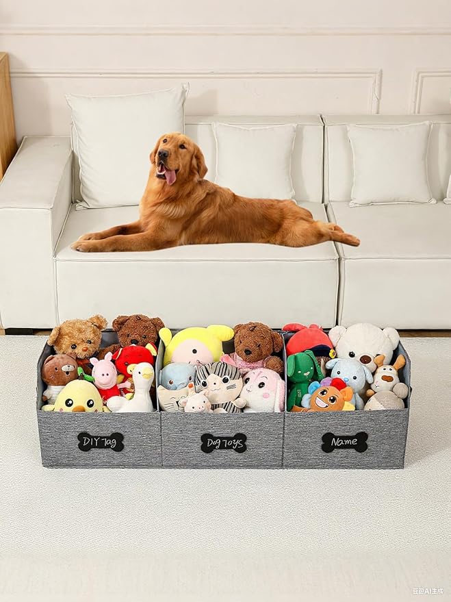Qozary Large Dog Toy Basket with Diy Tag - Collapsible Dog Toy Bin, Fabric Personalized Storage Box, Trapezoid Storage and Organizer for Pet Supplies (Gray, Extra Large 47"x13.4")
