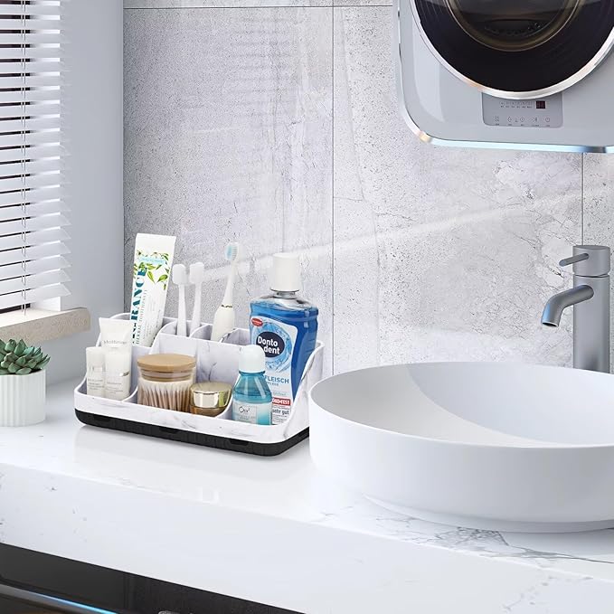 Marble Bathroom Countertop Organizer - Detachable 7 Slots Kids Electric Toothbrush and Toothpaste Holde Drainage for Bathroom Accessories Organization Counter Vanity Storage, Black