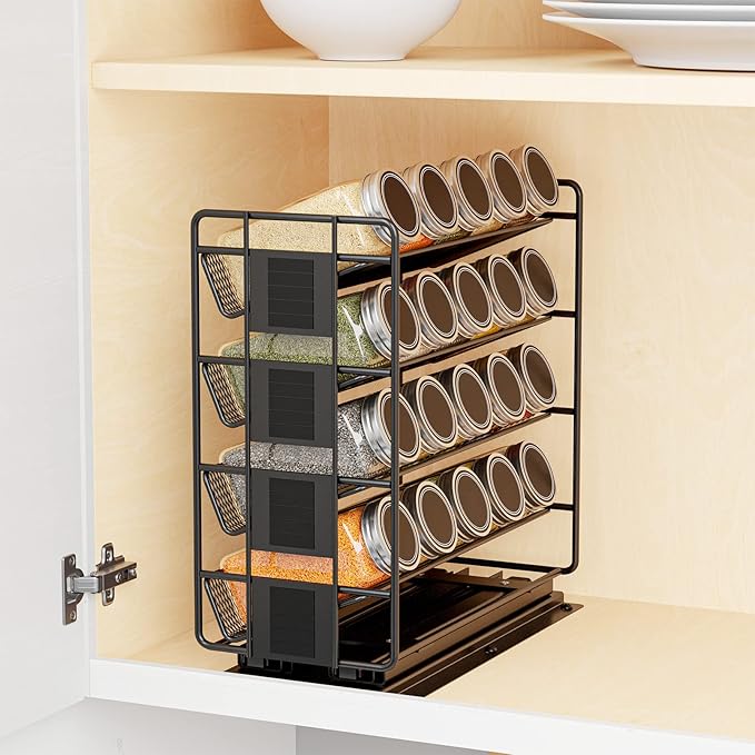 SpaceAid Pull Out Spice Rack Organizer with 20 Jars, Heavy Duty Slide Out Seasoning Organizer for Kitchen Cabinets, with 801 Labels and Chalk Marker, Right Facing