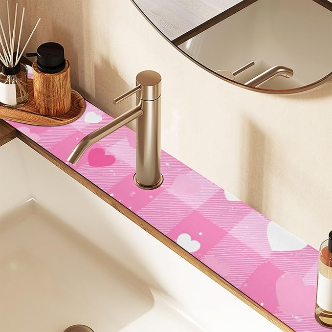 Kitchen Sink Splash Guard 1 PC 30 Inch Sink Faucet Mat Splash Guard for Bathroom Countertop Water Absorbent Foldable Cuttable Soft Washable Plaid Checkered Pink White Hearts Dots