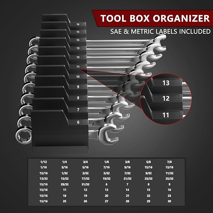20-Piece Magnetic Wrench Organizer (Modular Widgets) - Professional Tool Box Drawer Storage with Strong Anti-Slide Magnets - Low Profile Spanner Rack Holder for SAE & Metric Sets, Black