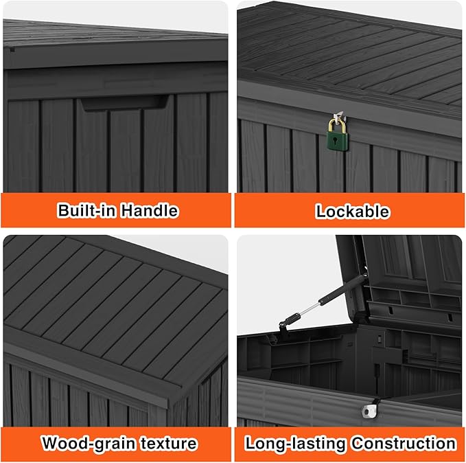 180 Gallon Lockable Resin Outdoor Storage Box, Waterproof & Weather Resistant Deck Box for Patio Cushion, Garden Tools & Pool Accessories, Black