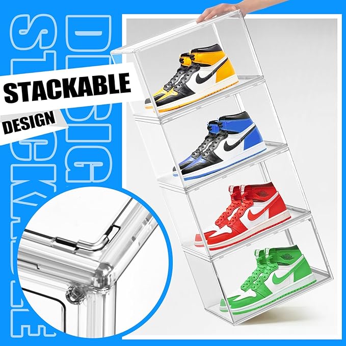 10 Pack Large Acrylic Shoe Box, Size 13 Sneaker Display Case Clear Stackable Display Case with Magnetic Door Toy Hat Collectible Sneakerheads Storage Organizer Bins for Entryway, Closet, Underbed