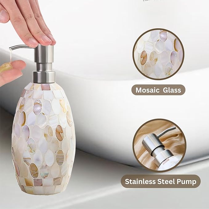 Escenzy Natural Shell Bathroom Accessories Sets 3 Pcs | Luxurious Glass Soap Dispenser, Toothbrush Holder, Cotton Jar | Modern Decor Bling Mosaic Glass Decorative Bathroom Accessories