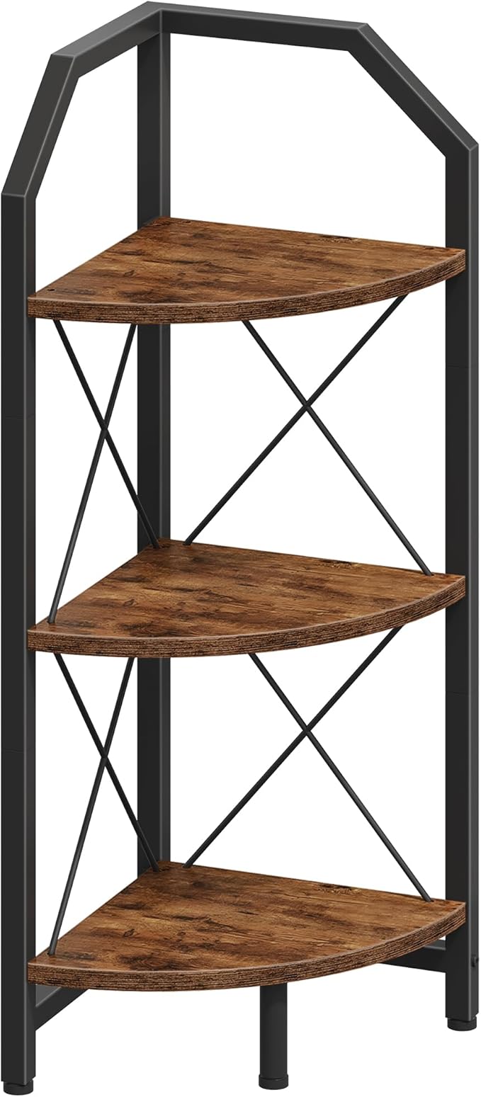 3-Tier Corner Shelf, Industrial Corner Bookshelf, 35.4" Storage Stand, Plant Stand Display Shelf, Bookcase for Bedroom, Living Room, Home Office, Rustic Brown and Black TCJ03BF